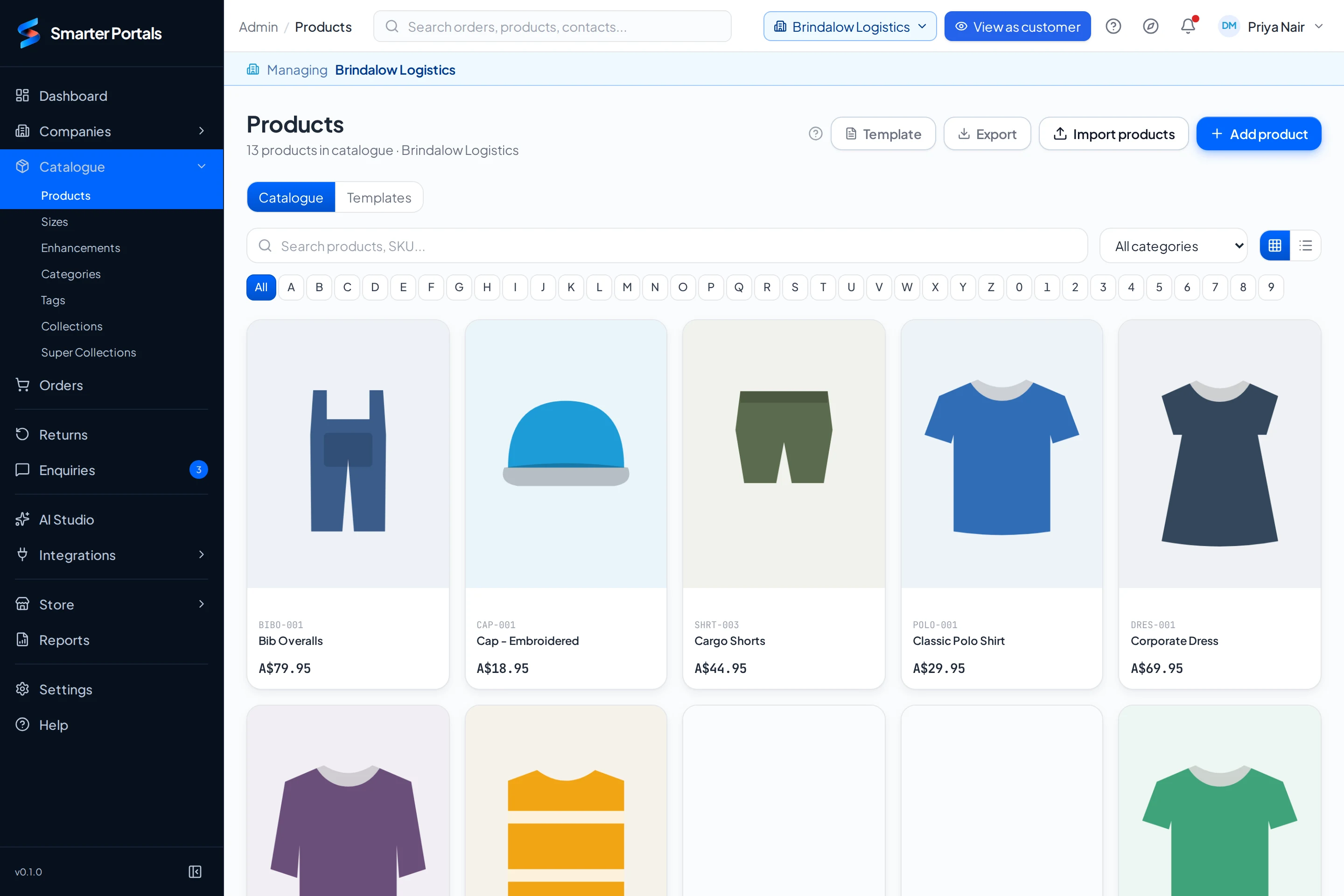 The product catalogue for one client, with import, export and add product buttons