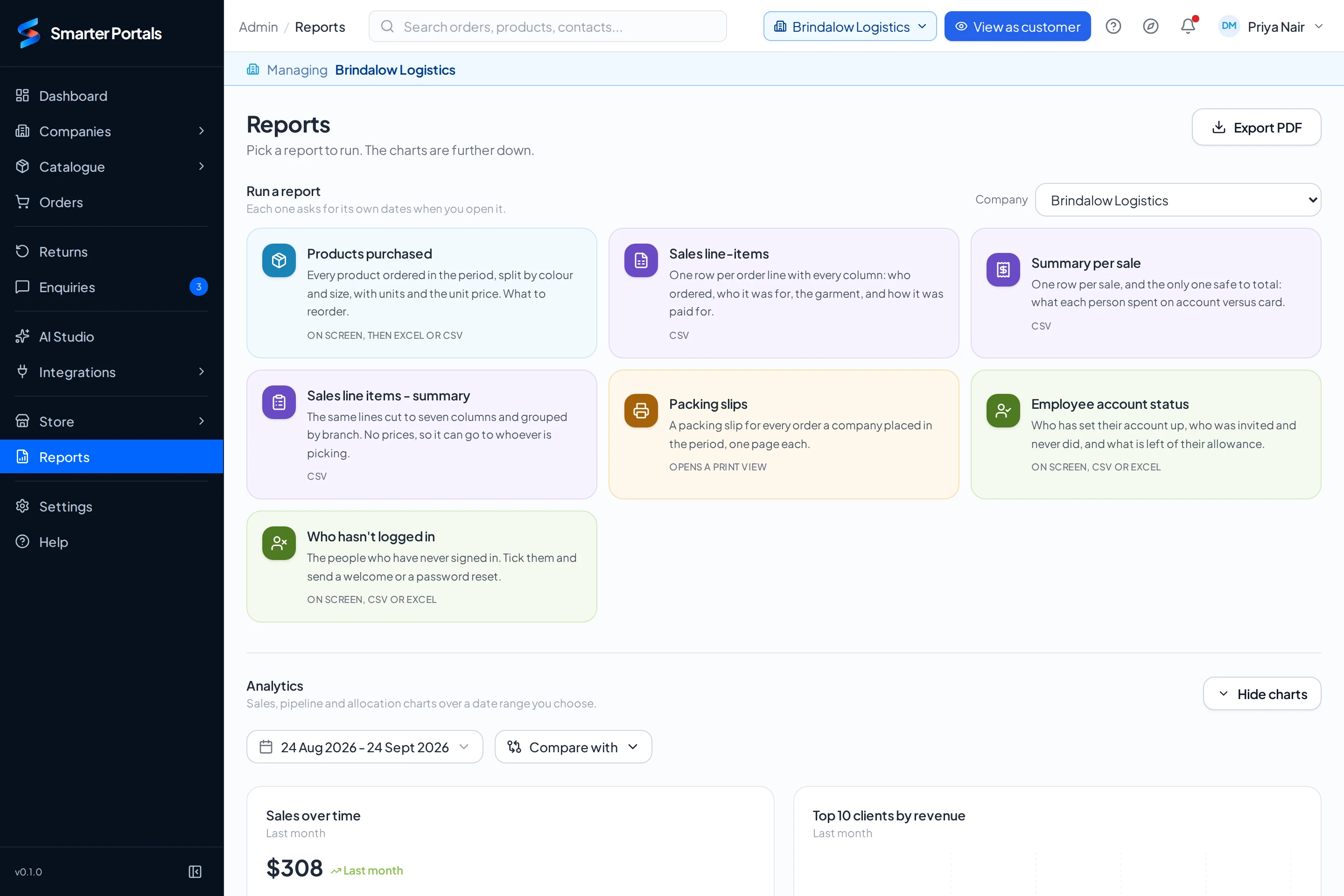 The reports screen: reports to run for a client, and analytics over a chosen date range