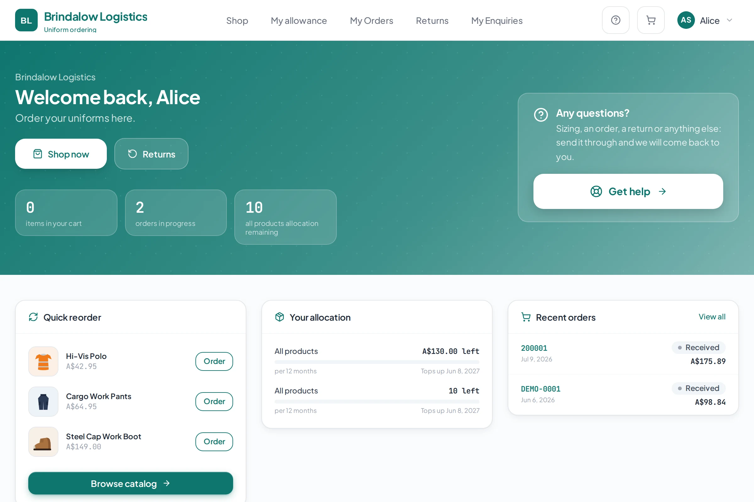 Brindalow Logistics staff portal home