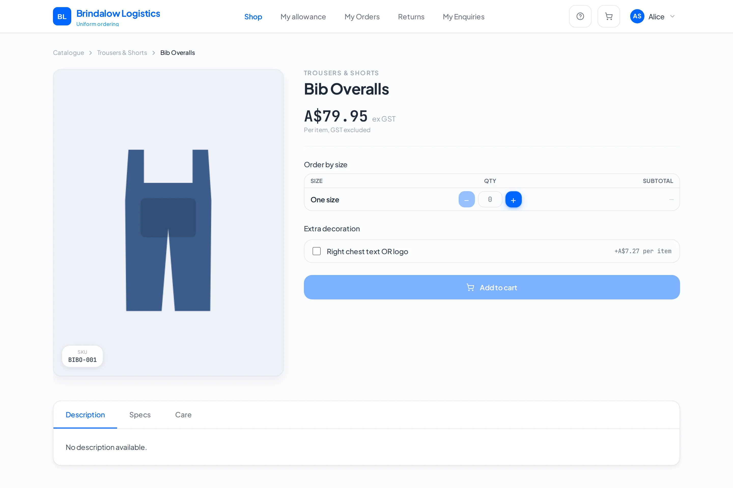 Uniform product page with an order by size table, quantity steppers and an optional right chest text or logo decoration